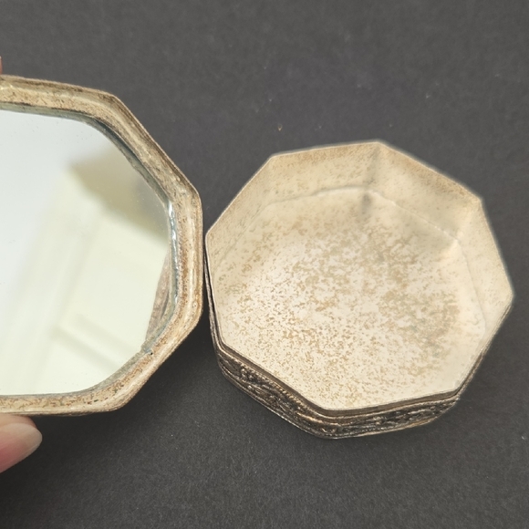 Vintage Silver Plated Ceramic Inlay Blue Floral Mirror Trinket Cosmetic Box - Picture 5 of 11